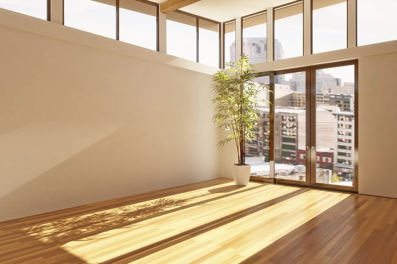 A room with double glazing, light pouring in through the window