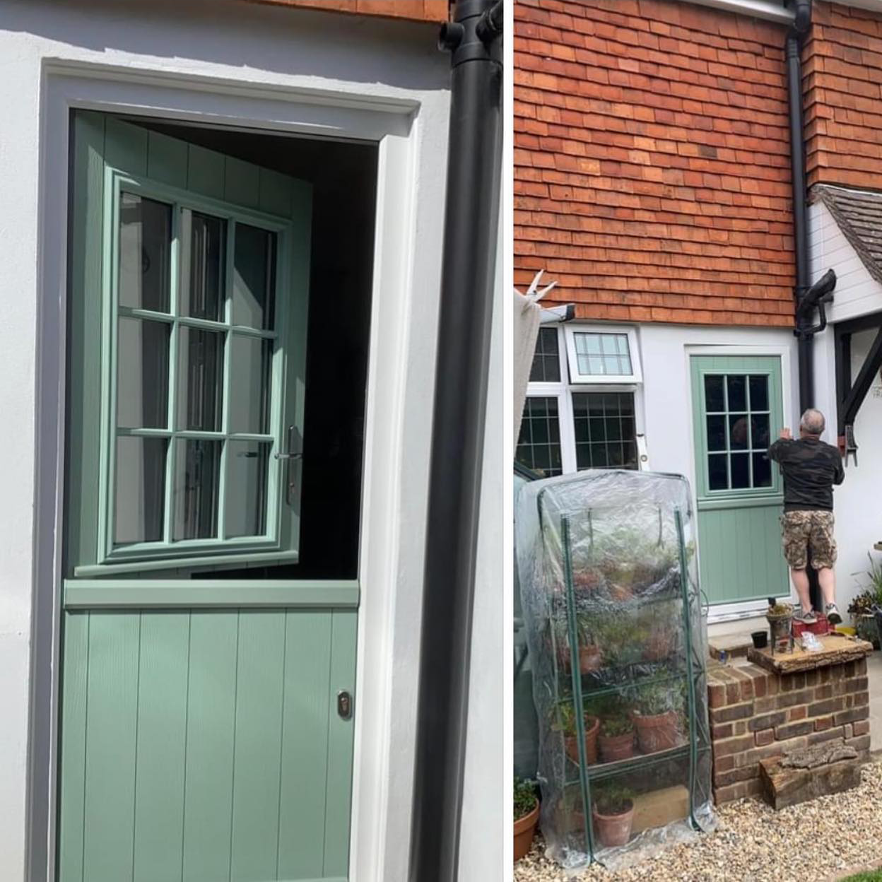 A green stable door being installed